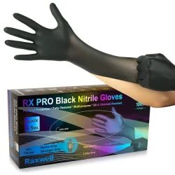 Box of Raxwell black nitrile examination gloves